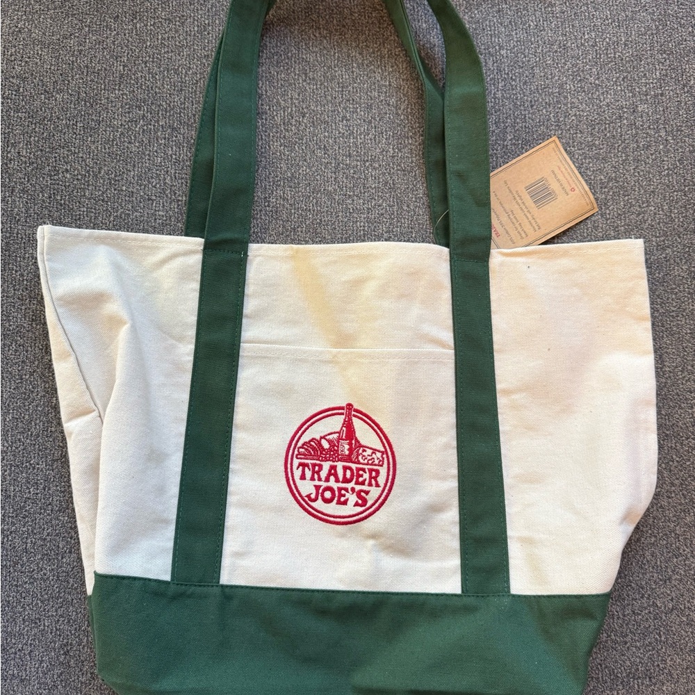 Trader Joe's Canvas Tote with Red Logo and Green Trim
